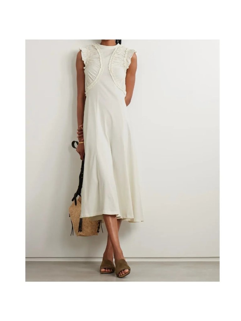 Ulla Johnson Shiva Ruffled Ruched Cotton Midi Dress Off-White Medium